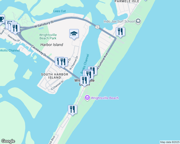 map of restaurants, bars, coffee shops, grocery stores, and more near 9 West Atlanta Street in Wrightsville Beach