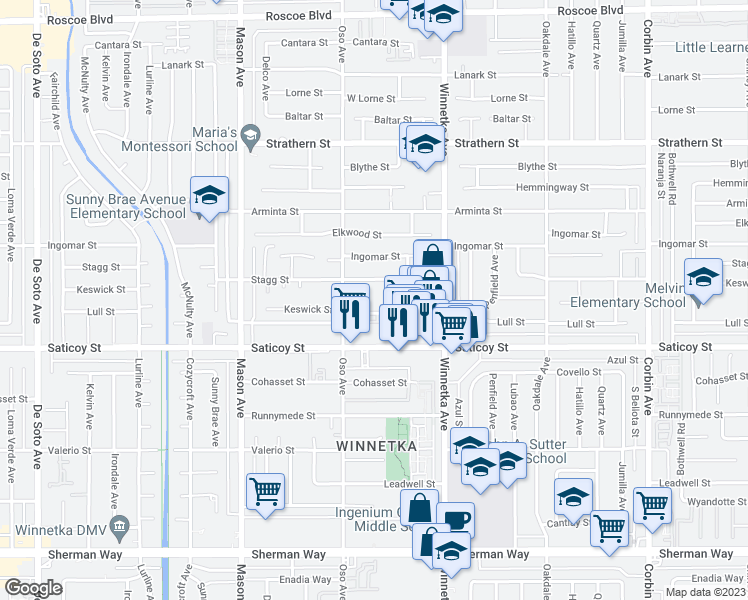 map of restaurants, bars, coffee shops, grocery stores, and more near 20235 Keswick Street in Los Angeles