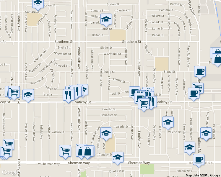 map of restaurants, bars, coffee shops, grocery stores, and more near 17460 Keswick Street in Los Angeles