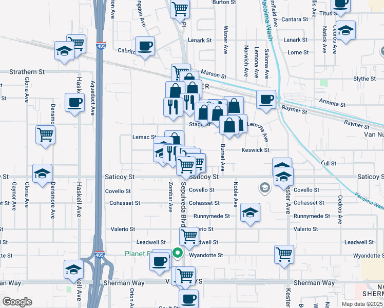 map of restaurants, bars, coffee shops, grocery stores, and more near 7708 Sepulveda Boulevard in Los Angeles