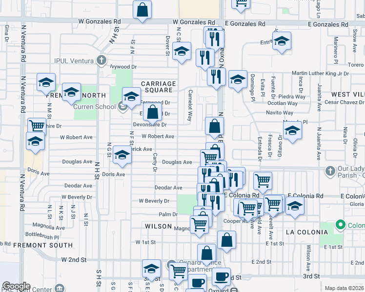 map of restaurants, bars, coffee shops, grocery stores, and more near 404 West Robert Avenue in Oxnard
