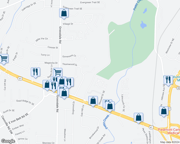 map of restaurants, bars, coffee shops, grocery stores, and more near 9 Southview Drive in Cartersville