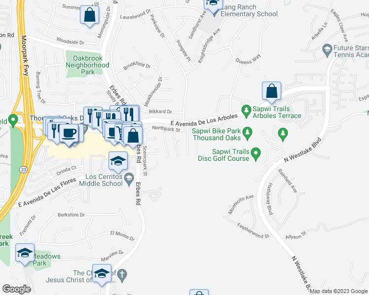 map of restaurants, bars, coffee shops, grocery stores, and more near 2195 Rusticpark Court in Thousand Oaks