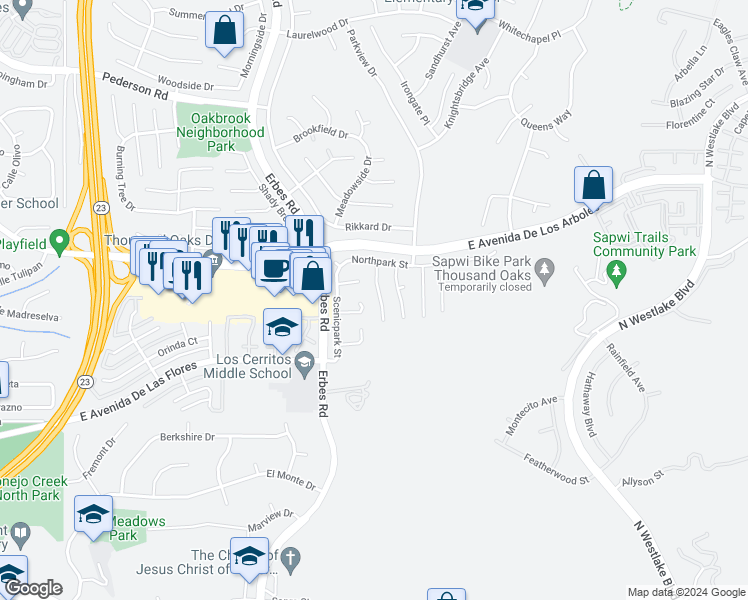 map of restaurants, bars, coffee shops, grocery stores, and more near 2205 Summerpark Court in Thousand Oaks