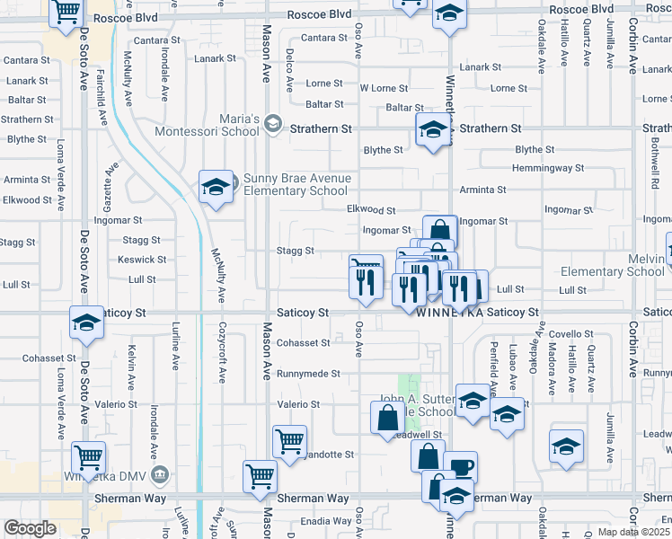 map of restaurants, bars, coffee shops, grocery stores, and more near 20253 Keswick Street in Los Angeles