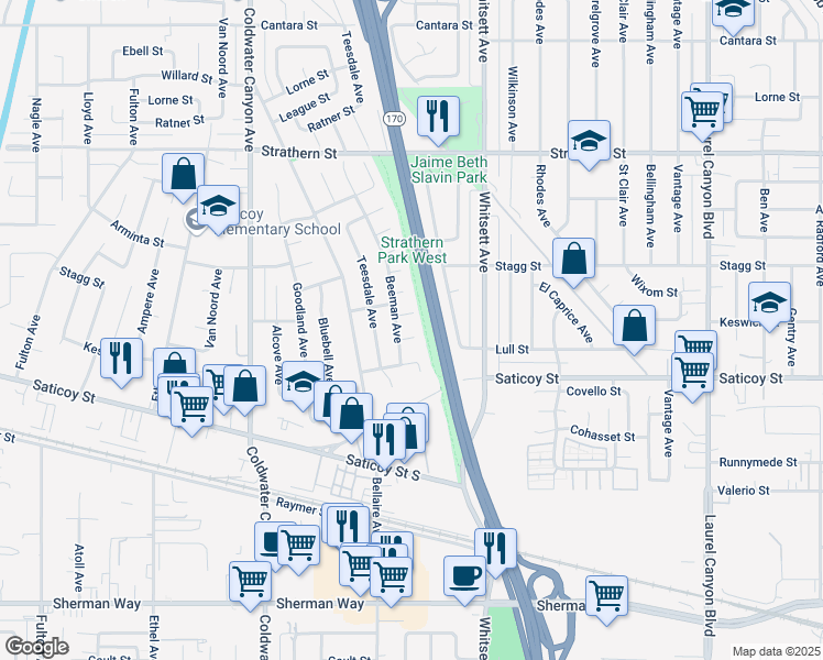 map of restaurants, bars, coffee shops, grocery stores, and more near 7668 Beeman Avenue in Los Angeles