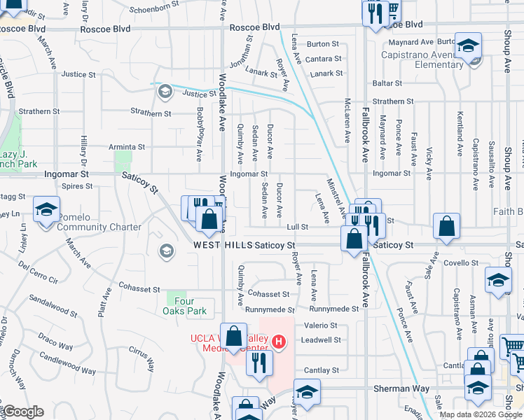 map of restaurants, bars, coffee shops, grocery stores, and more near 7661 Sedan Avenue in Los Angeles