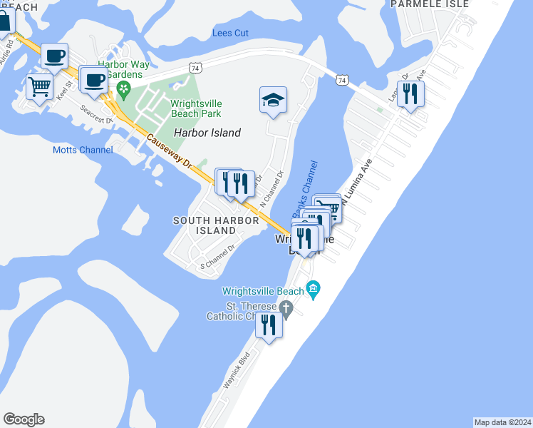 map of restaurants, bars, coffee shops, grocery stores, and more near 701 Causeway Drive in Wrightsville Beach