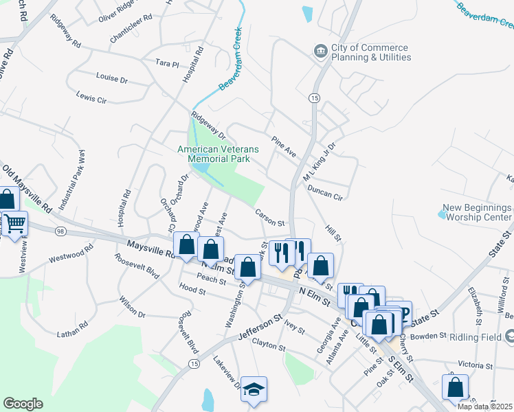 map of restaurants, bars, coffee shops, grocery stores, and more near 148 Carson Street in Commerce