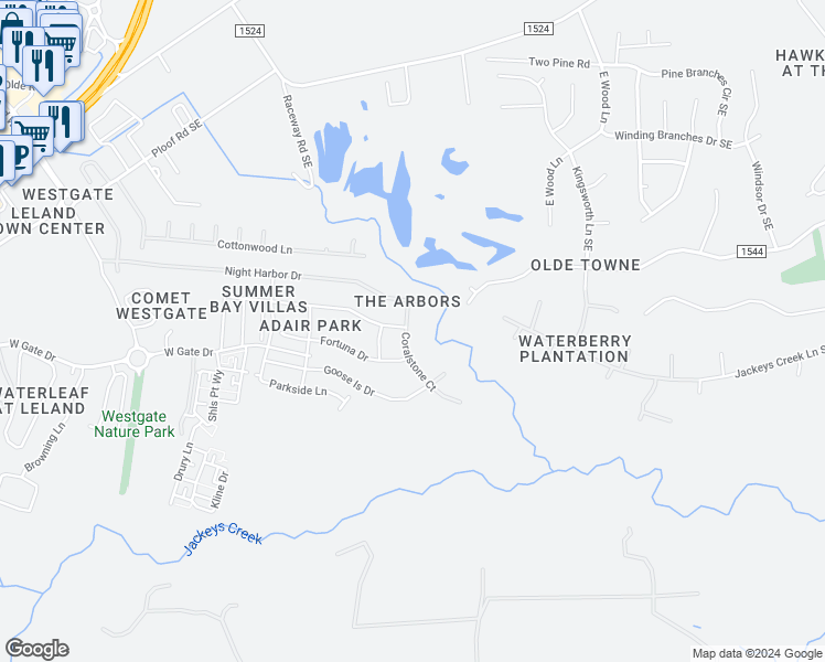 map of restaurants, bars, coffee shops, grocery stores, and more near 274 Coral Stone Court Southeast in Leland