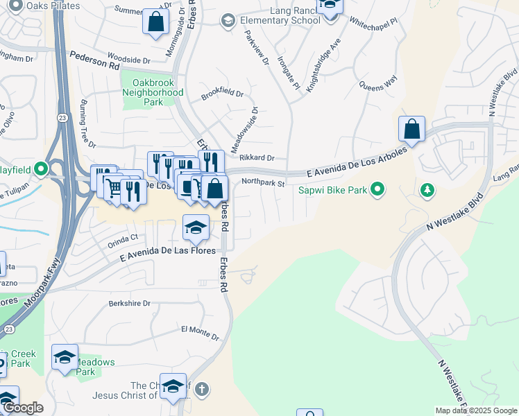 map of restaurants, bars, coffee shops, grocery stores, and more near 2205 Summerpark Court in Thousand Oaks
