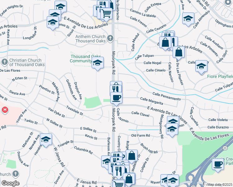 map of restaurants, bars, coffee shops, grocery stores, and more near 440 Calle Jazmin in Thousand Oaks