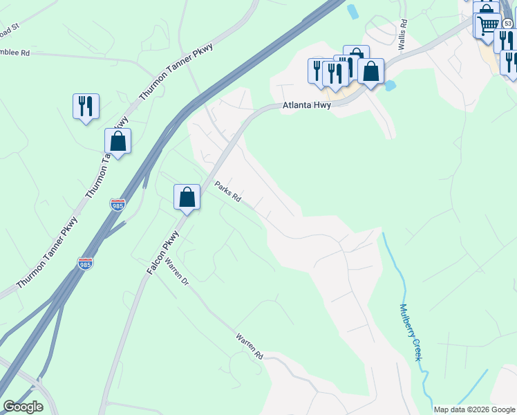 map of restaurants, bars, coffee shops, grocery stores, and more near 3830 Chadwick Drive in Flowery Branch