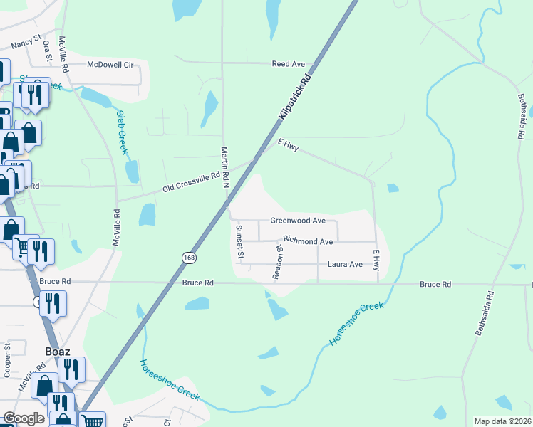 map of restaurants, bars, coffee shops, grocery stores, and more near 288 Greenwood Avenue in Boaz