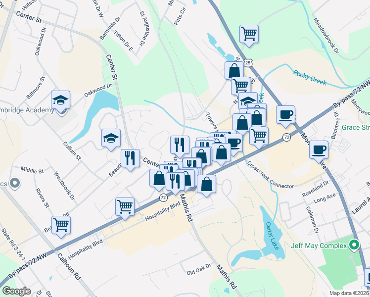 map of restaurants, bars, coffee shops, grocery stores, and more near 1222 Mathis Road in Greenwood