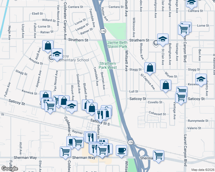 map of restaurants, bars, coffee shops, grocery stores, and more near 12615 Keswick Street in Los Angeles