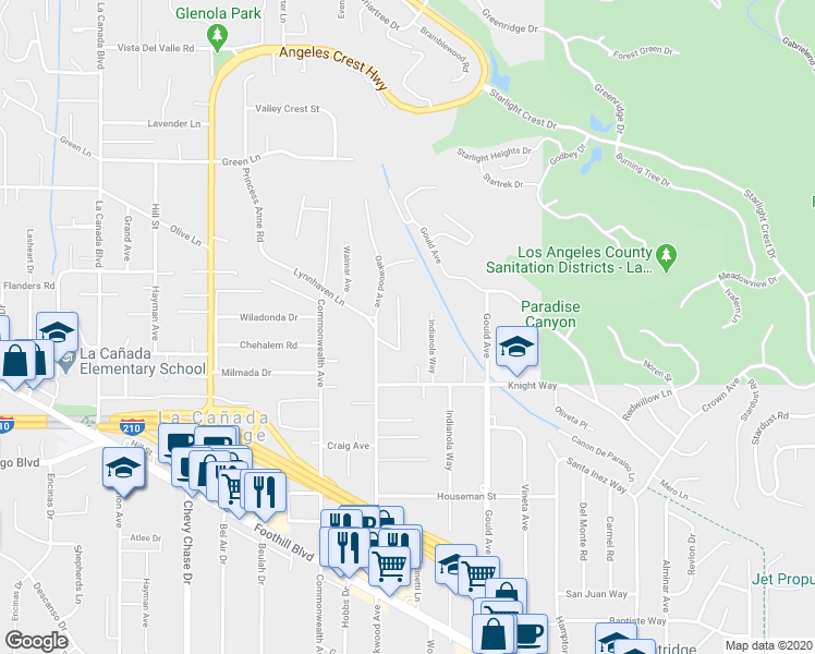 map of restaurants, bars, coffee shops, grocery stores, and more near 5026 Hooktree Road in La Cañada Flintridge