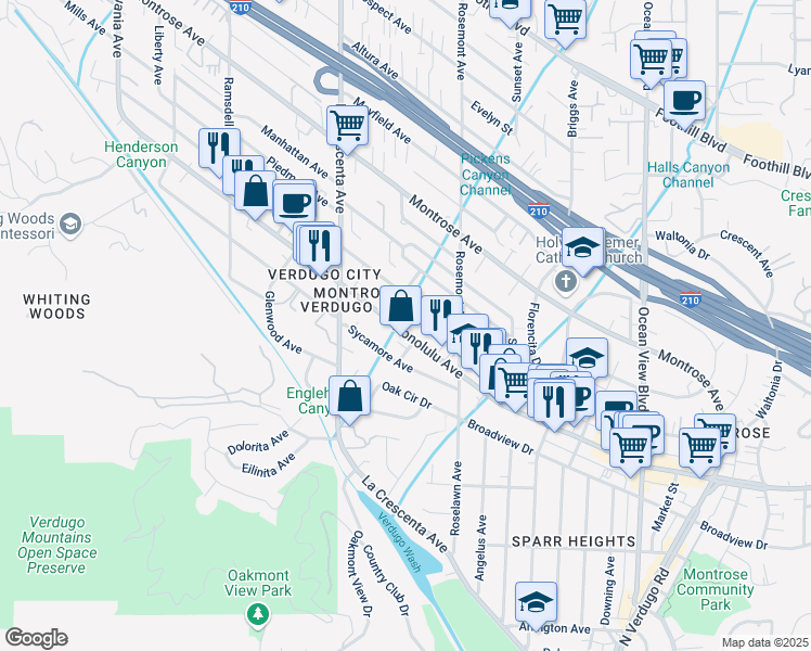 map of restaurants, bars, coffee shops, grocery stores, and more near 2665 Honolulu Avenue in Glendale