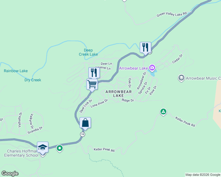 map of restaurants, bars, coffee shops, grocery stores, and more near 2403 Independence Lane in Running Springs