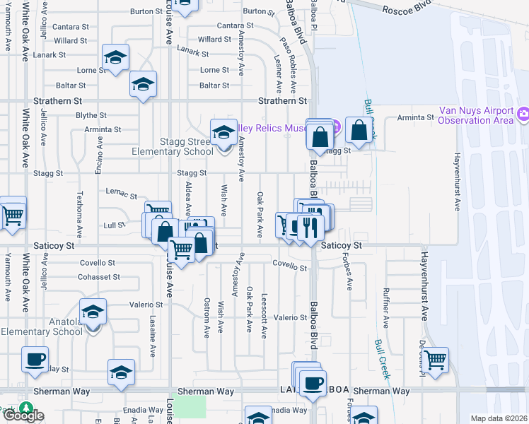 map of restaurants, bars, coffee shops, grocery stores, and more near 7656 Oak Park Avenue in Los Angeles