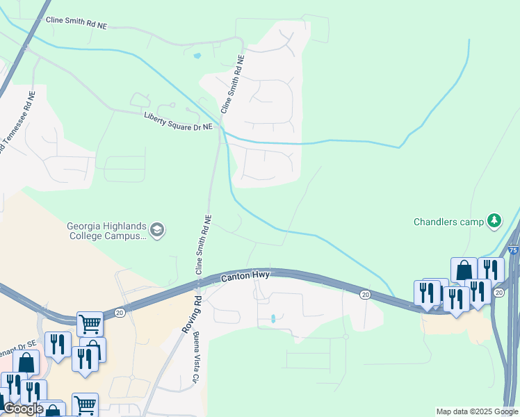 map of restaurants, bars, coffee shops, grocery stores, and more near 18 Mallet Point in Cartersville