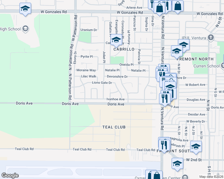 map of restaurants, bars, coffee shops, grocery stores, and more near 710 Waverly Court in Oxnard