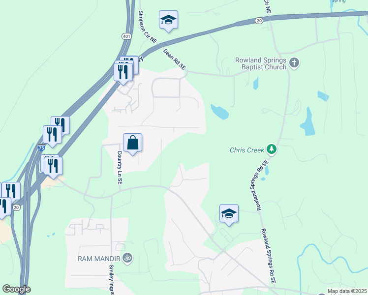 map of restaurants, bars, coffee shops, grocery stores, and more near 36 Brett Way Southeast in Cartersville