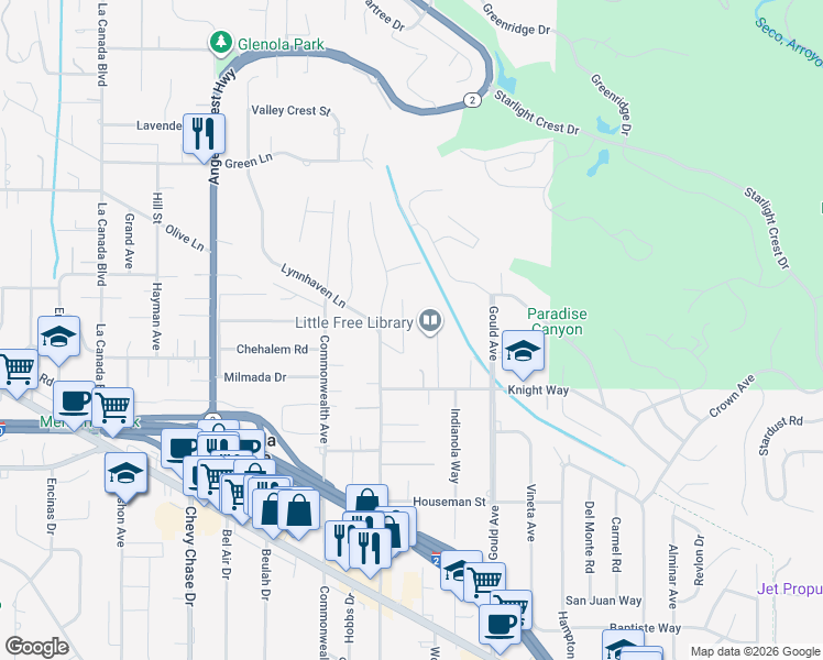 map of restaurants, bars, coffee shops, grocery stores, and more near 5026 Hooktree Road in La Cañada Flintridge