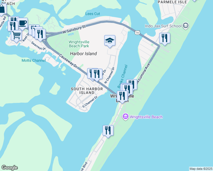 map of restaurants, bars, coffee shops, grocery stores, and more near 701 Causeway Drive in Wrightsville Beach
