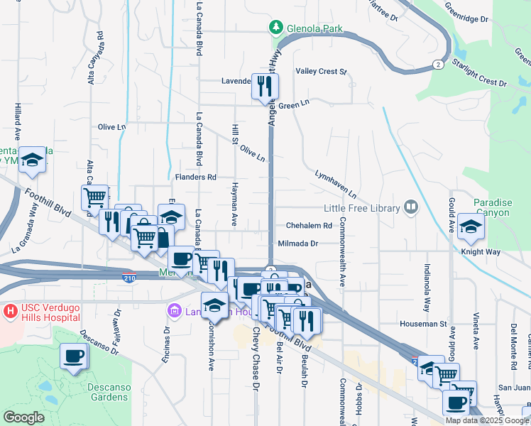 map of restaurants, bars, coffee shops, grocery stores, and more near 4825 Angeles Crest Highway in La Cañada Flintridge