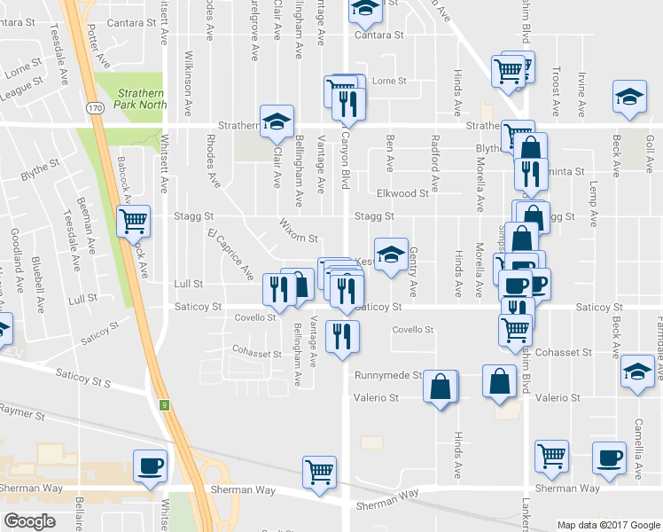 map of restaurants, bars, coffee shops, grocery stores, and more near 7700 Laurel Canyon Boulevard in Los Angeles