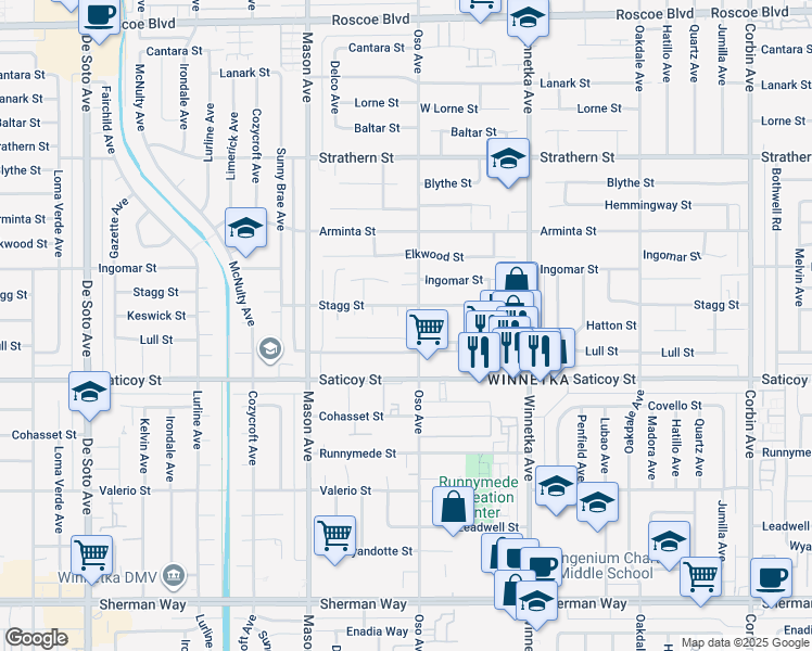 map of restaurants, bars, coffee shops, grocery stores, and more near 7709 Dragon Lane in Los Angeles