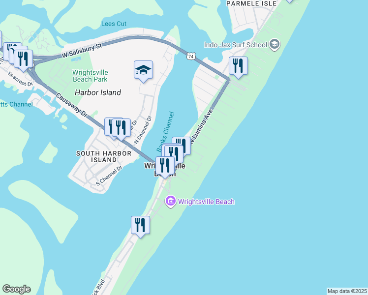 map of restaurants, bars, coffee shops, grocery stores, and more near 205 North Lumina Avenue in Wrightsville Beach