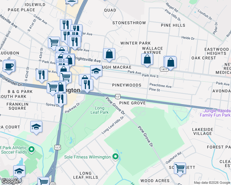 map of restaurants, bars, coffee shops, grocery stores, and more near 4940 Pine Street in Wilmington