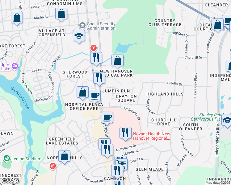 map of restaurants, bars, coffee shops, grocery stores, and more near 1808 Jumpin Run in Wilmington