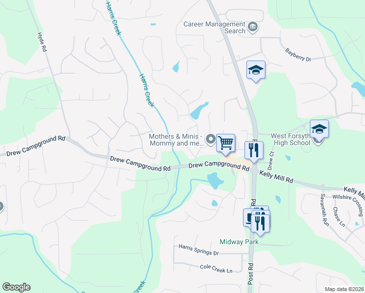 map of restaurants, bars, coffee shops, grocery stores, and more near 3585 Davyne Bend in Cumming