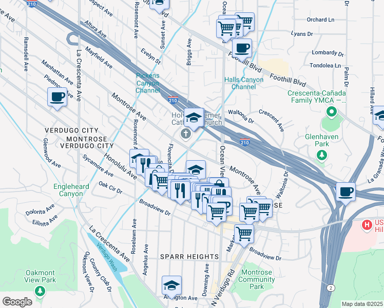 map of restaurants, bars, coffee shops, grocery stores, and more near 2364 Montrose Avenue in La Crescenta-Montrose