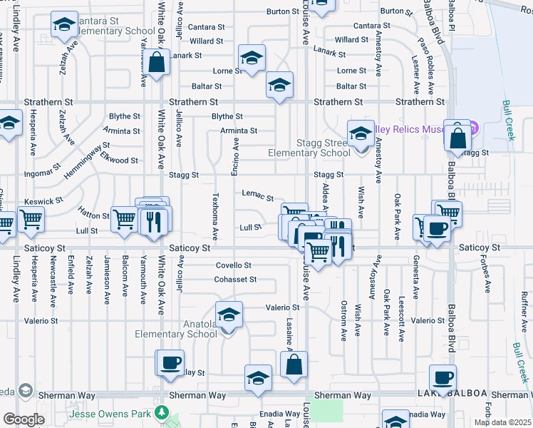 map of restaurants, bars, coffee shops, grocery stores, and more near 17360 Lemac Street in Los Angeles