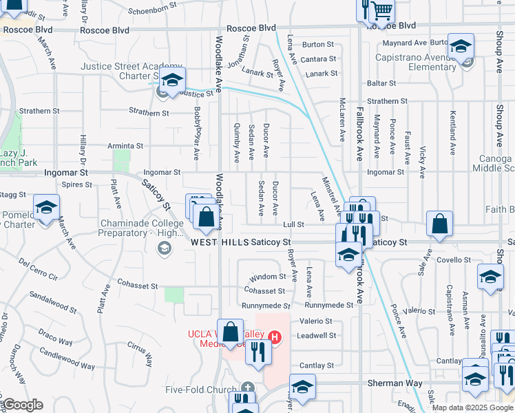 map of restaurants, bars, coffee shops, grocery stores, and more near 7663 Sedan Avenue in Los Angeles