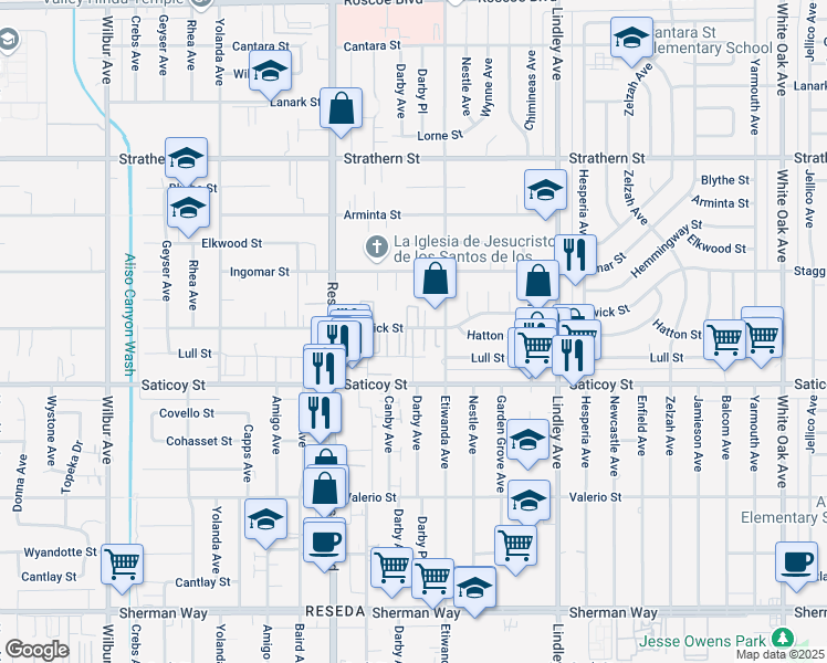 map of restaurants, bars, coffee shops, grocery stores, and more near 18338 Keswick Street in Los Angeles