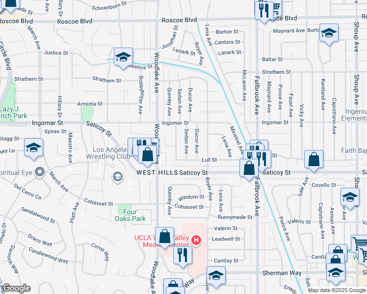 map of restaurants, bars, coffee shops, grocery stores, and more near 7663 Sedan Avenue in Los Angeles