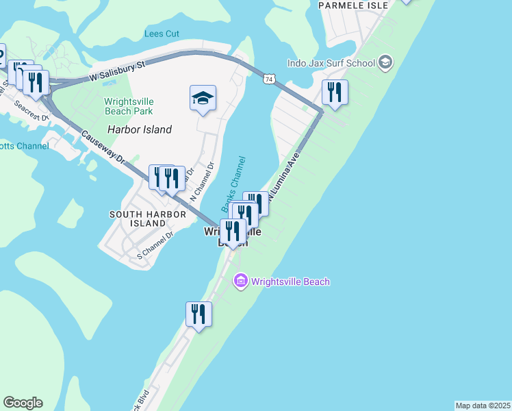 map of restaurants, bars, coffee shops, grocery stores, and more near 205 North Lumina Avenue in Wrightsville Beach