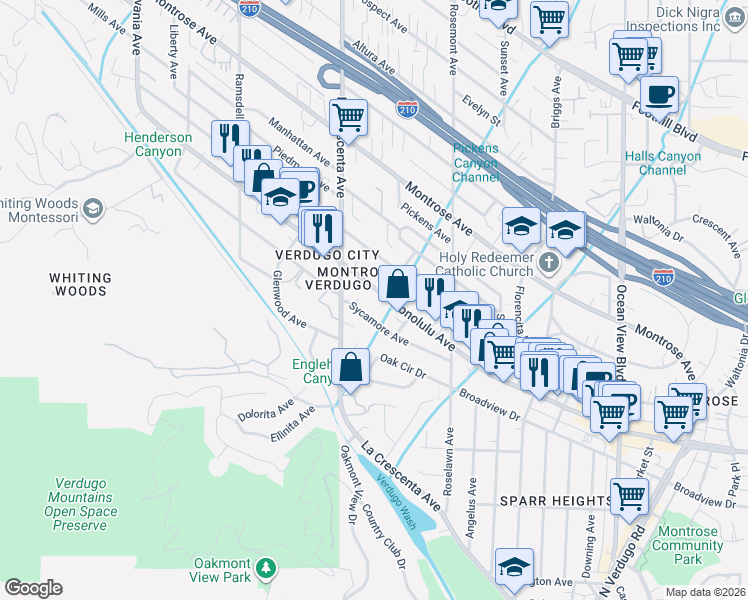 map of restaurants, bars, coffee shops, grocery stores, and more near 2706 Honolulu Avenue in Glendale
