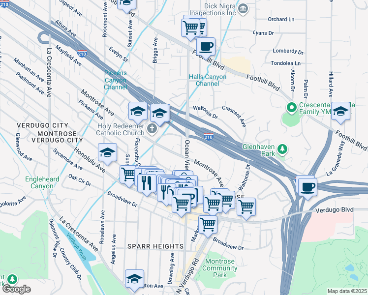 map of restaurants, bars, coffee shops, grocery stores, and more near 4117 Ocean View Boulevard in La Crescenta-Montrose
