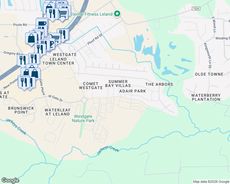 map of restaurants, bars, coffee shops, grocery stores, and more near 3759 Summer Bay Trail in Leland