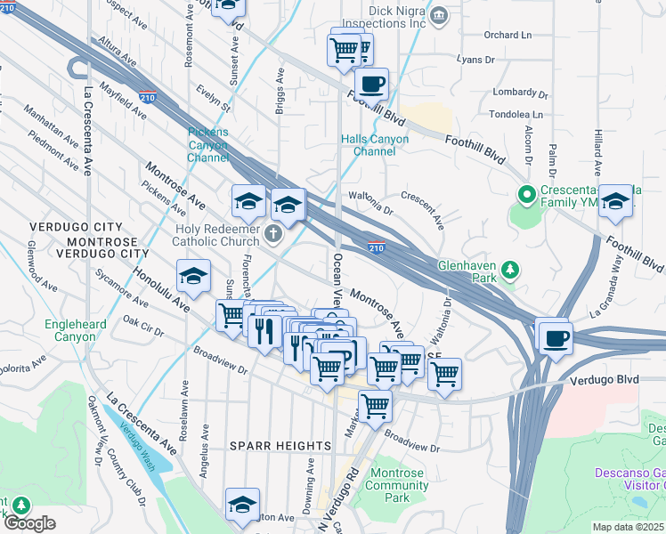 map of restaurants, bars, coffee shops, grocery stores, and more near 4117 Ocean View Boulevard in La Crescenta-Montrose