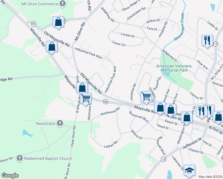 map of restaurants, bars, coffee shops, grocery stores, and more near 2996 Old Maysville Road in Commerce