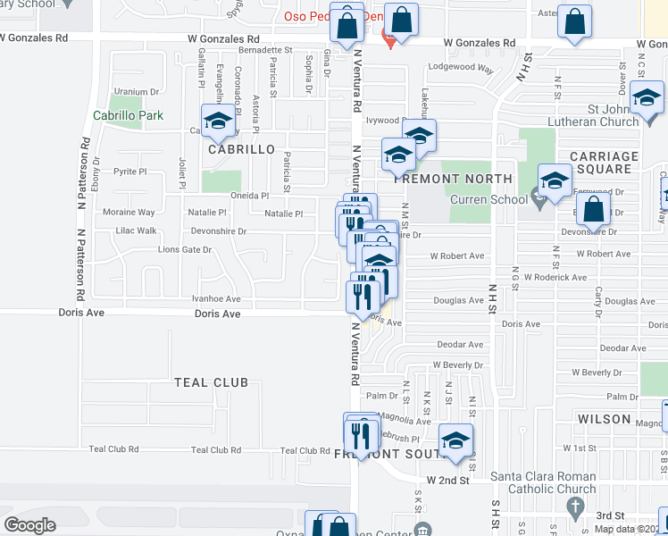 map of restaurants, bars, coffee shops, grocery stores, and more near 1510 Langford Drive in Oxnard