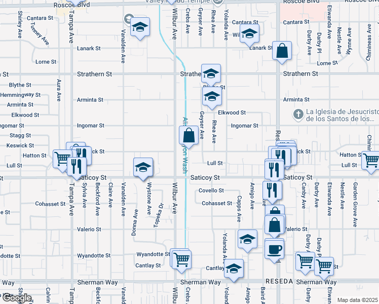 map of restaurants, bars, coffee shops, grocery stores, and more near 18835 Saticoy Street in Los Angeles