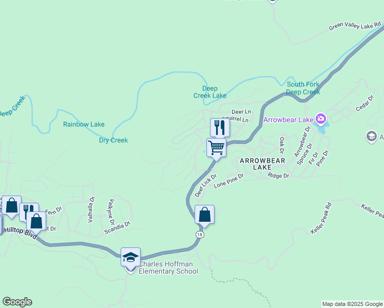 map of restaurants, bars, coffee shops, grocery stores, and more near 32780 Cougar Lane in Running Springs